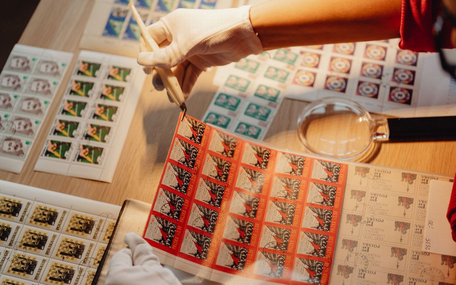 Two adults in gloves examining Georgian hand-coloured etchings laid out on a print-room table, high windows behind them