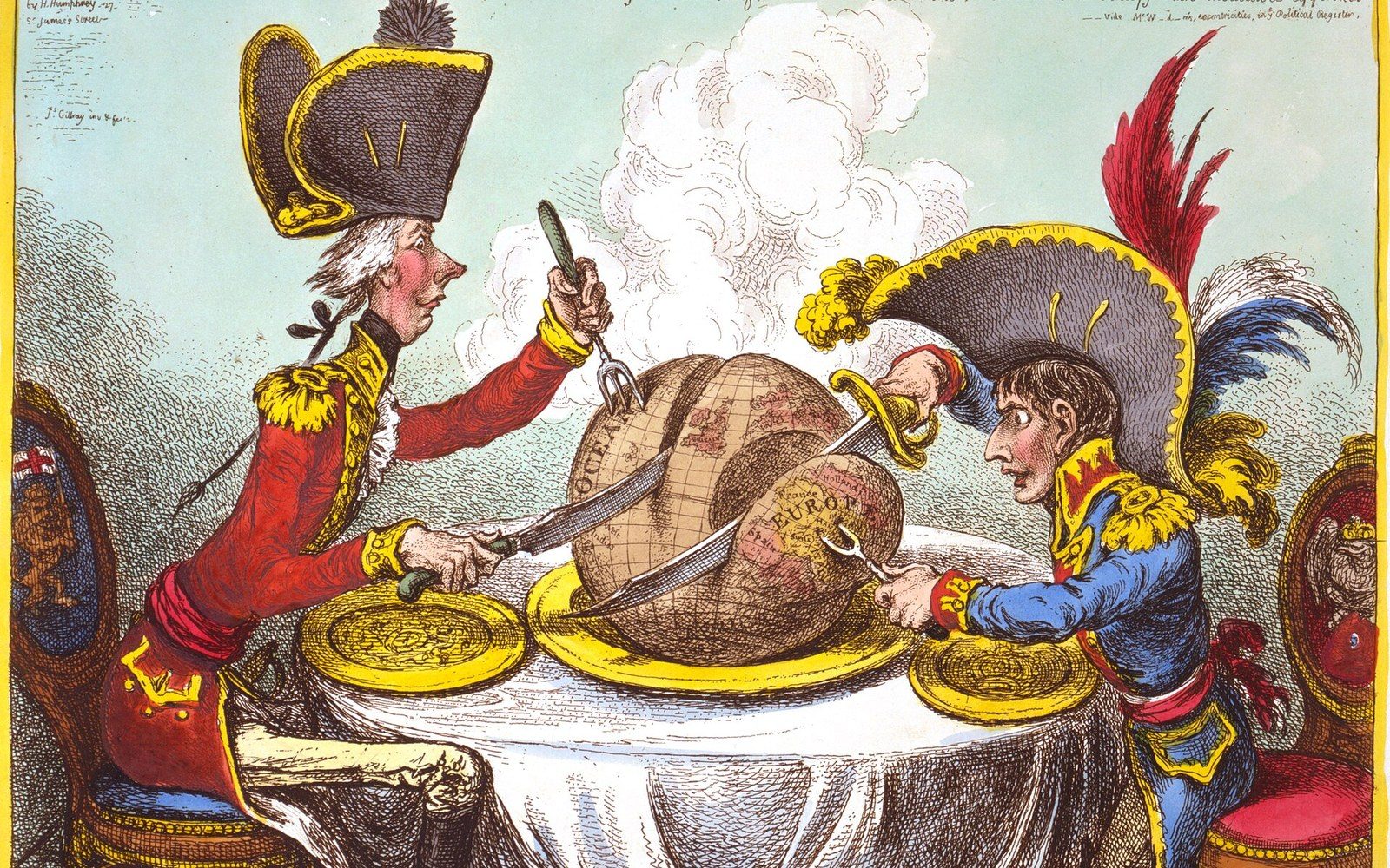 Two uniformed figures carve up a globe-shaped pudding with forks and knives at a table