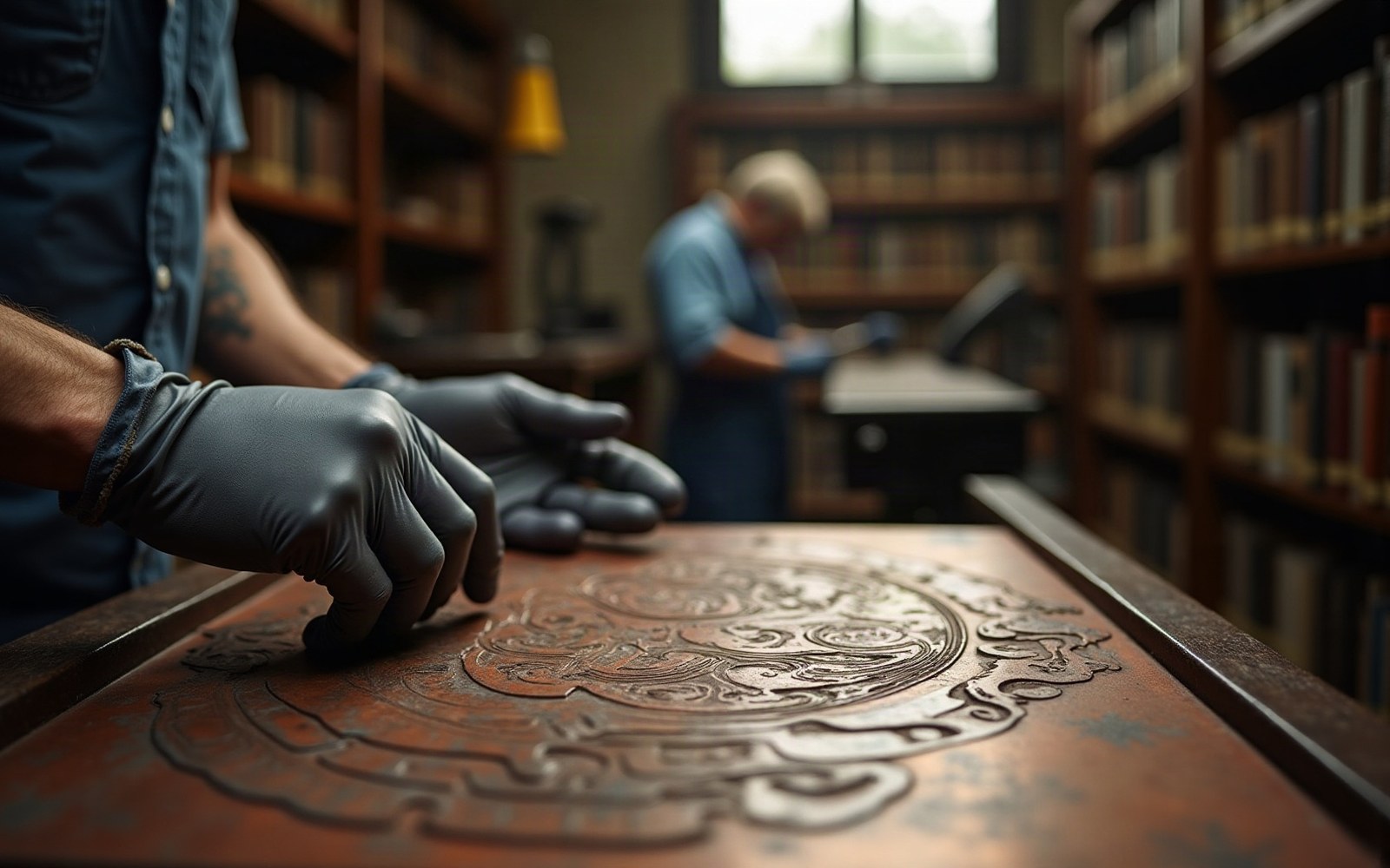 Gloved hands examine an ornately engraved copper printing plate in an archive room