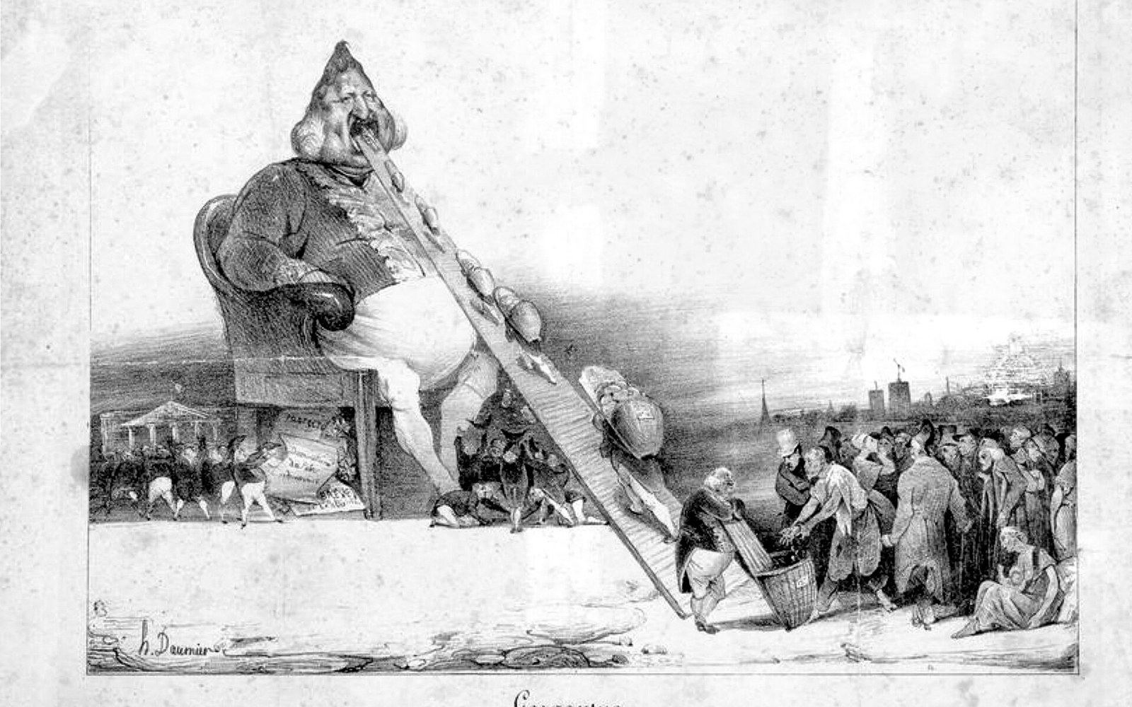 Satirical lithograph shows a giant seated ruler swallowing baskets of goods carried up by common people
