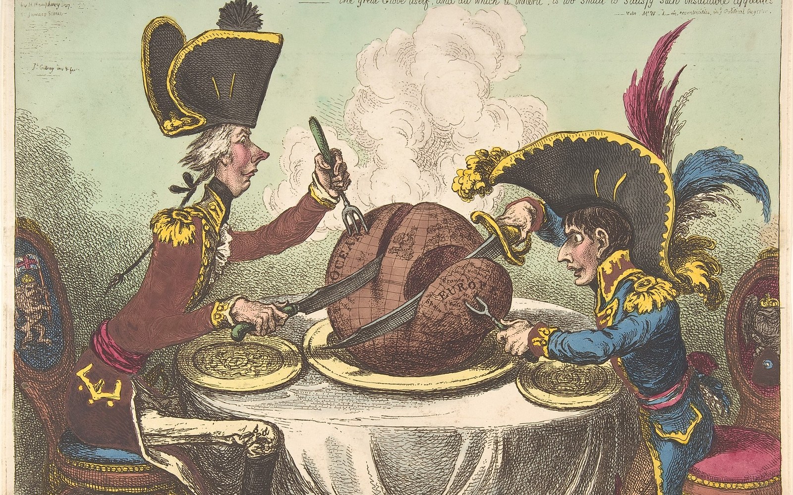 Two uniformed figures carve up a globe-shaped pudding at a dinner table