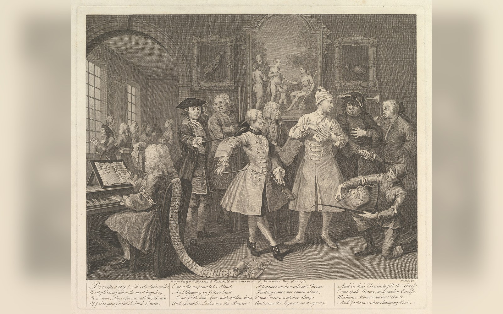 An 18th-century engraving showing costumed figures gathered around a harpsichord player, with verses printed below