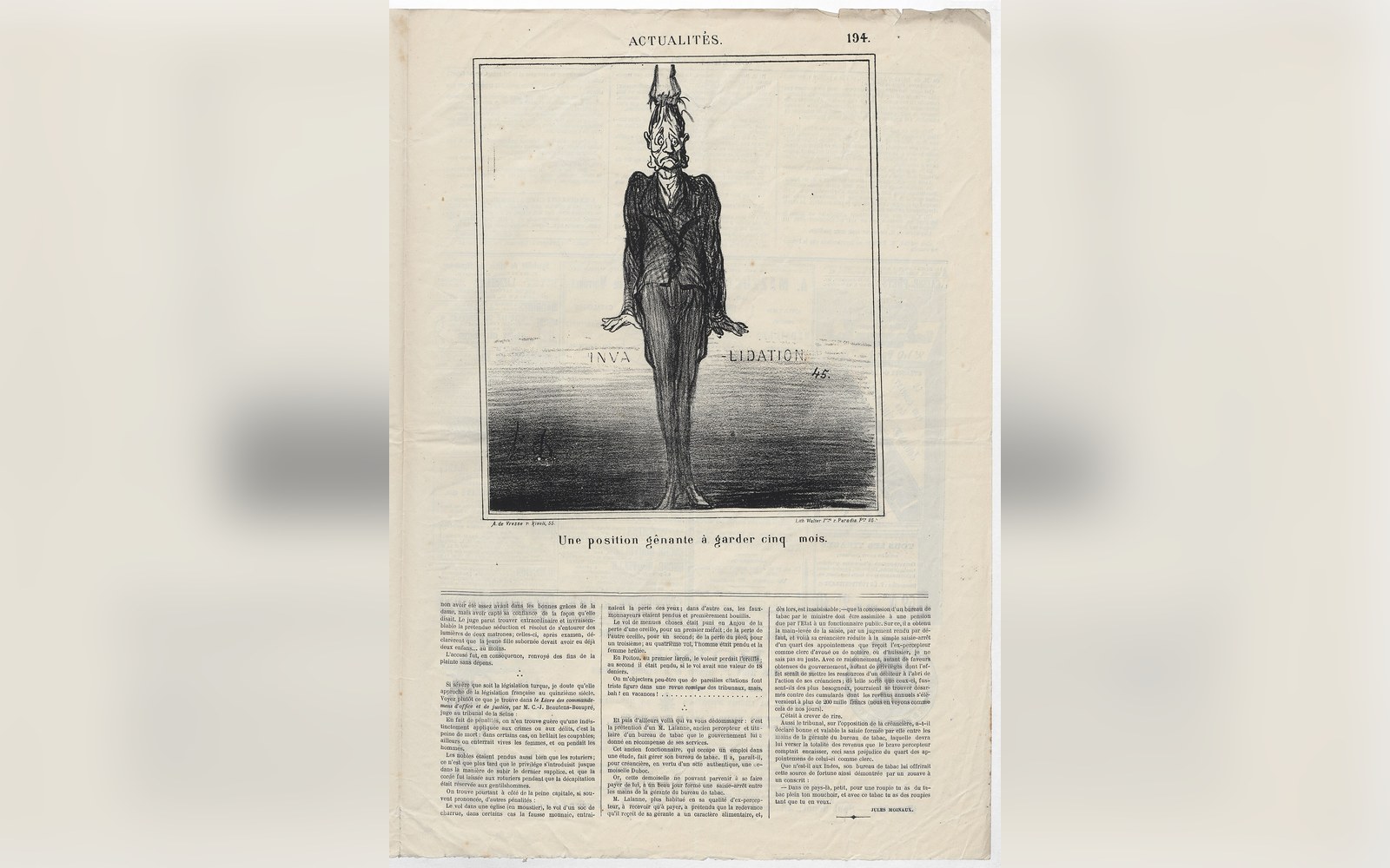 Old newspaper page from Actualités with a satirical lithograph of a headless suited figure over French text