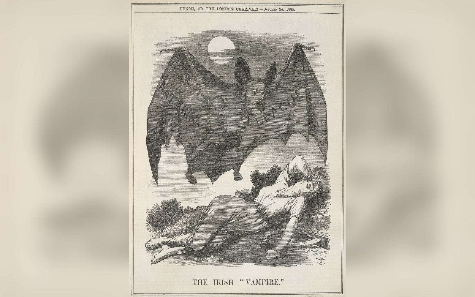 Vintage Punch cartoon showing a bat labeled "National League" hovering over a fainted woman