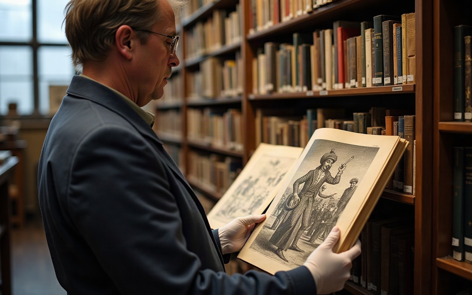 A man wearing white gloves examines an illustrated page in an old book near library shelves