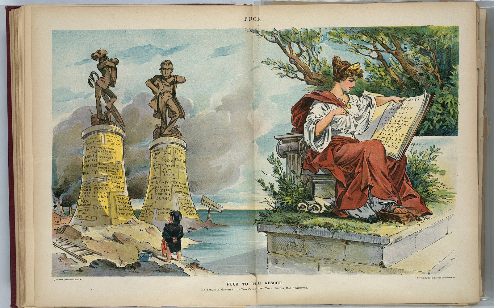 Open book page showing a cartoon of two statues on pillars beside a robed woman reading a large book