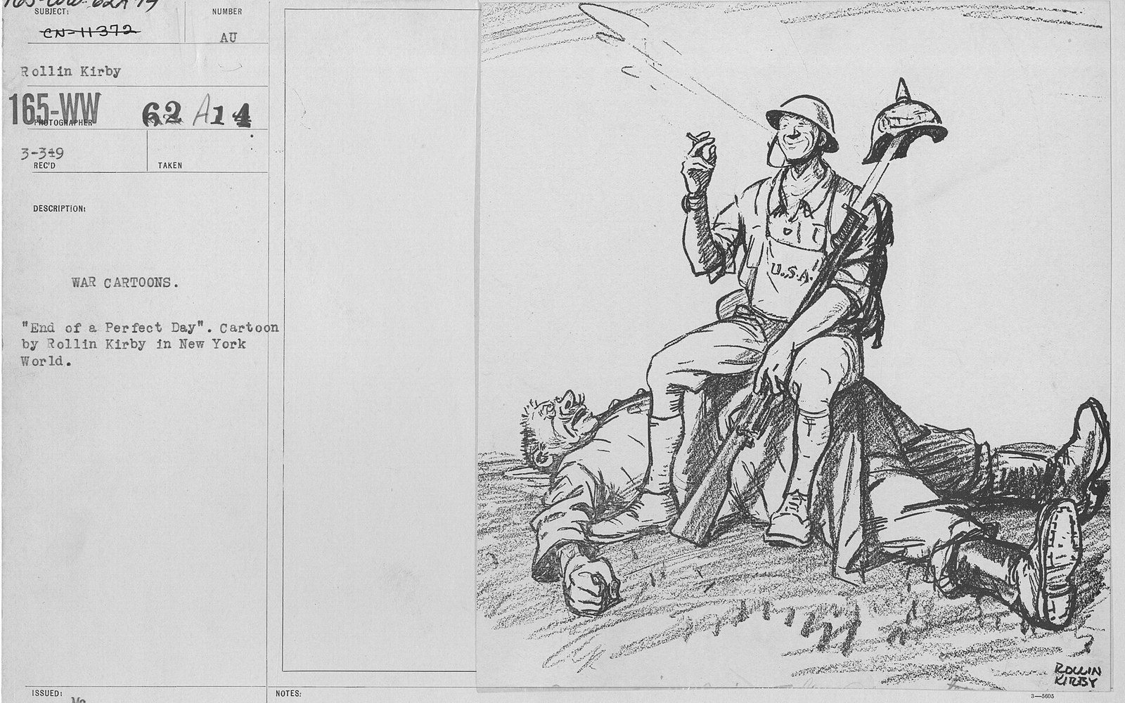 Editorial cartoon shows a smoking American soldier sitting atop a defeated enemy soldier