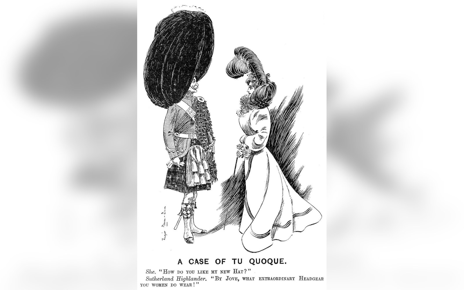 Vintage cartoon of a kilted Highland guardsman with tall bearskin hat facing a woman in an elaborate feathered hat
