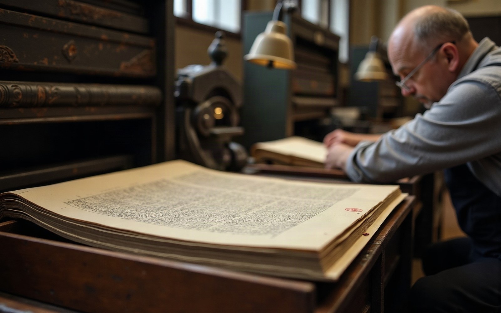 A man examines a large bound ledger at a wooden desk under a lamp