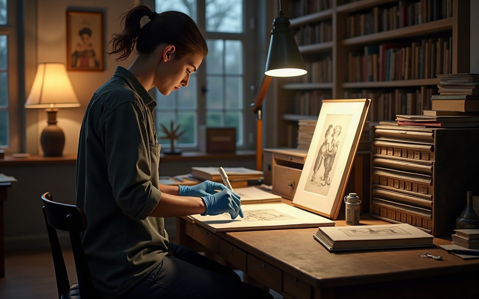 A gloved archivist examines a framed sketch at a desk under lamplight in a book-lined study