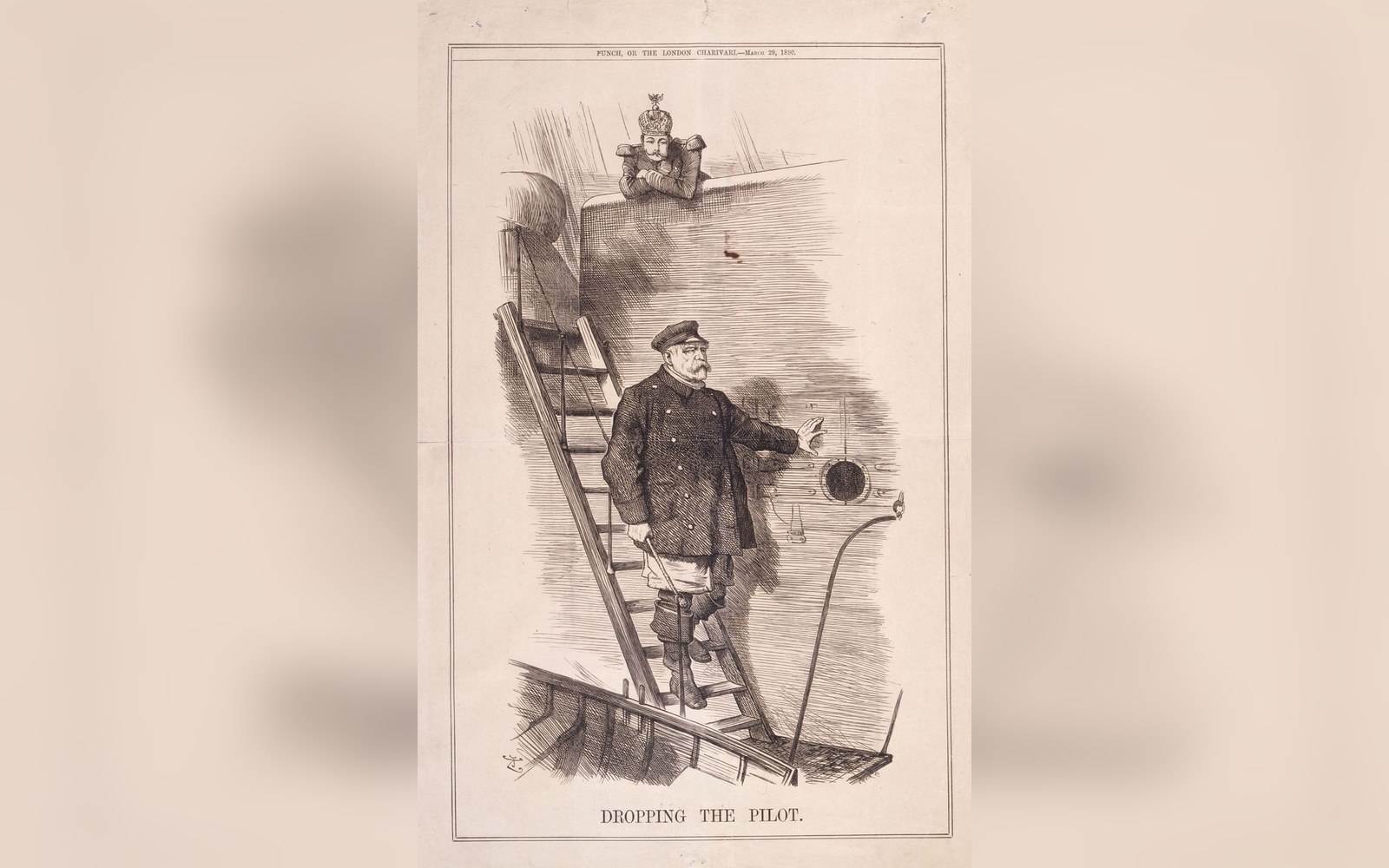 Political cartoon shows a pilot descending a ship's ladder as a ruler watches from above