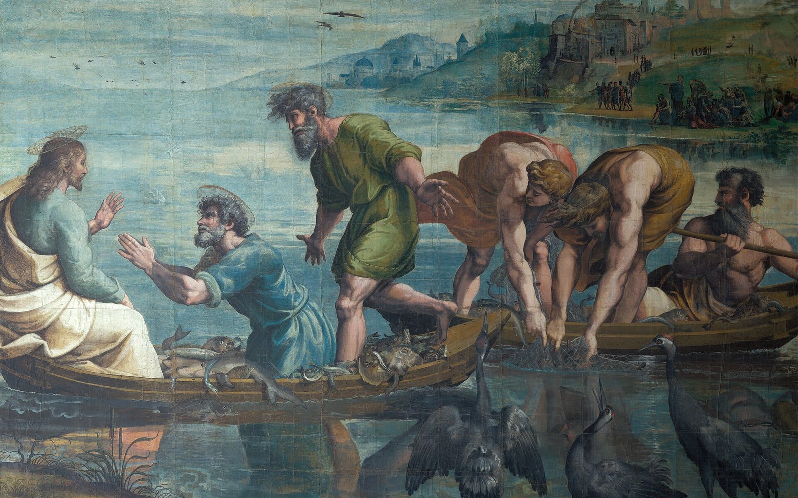 Renaissance painting of robed figures in fishing boats kneeling before a haloed man on the shore